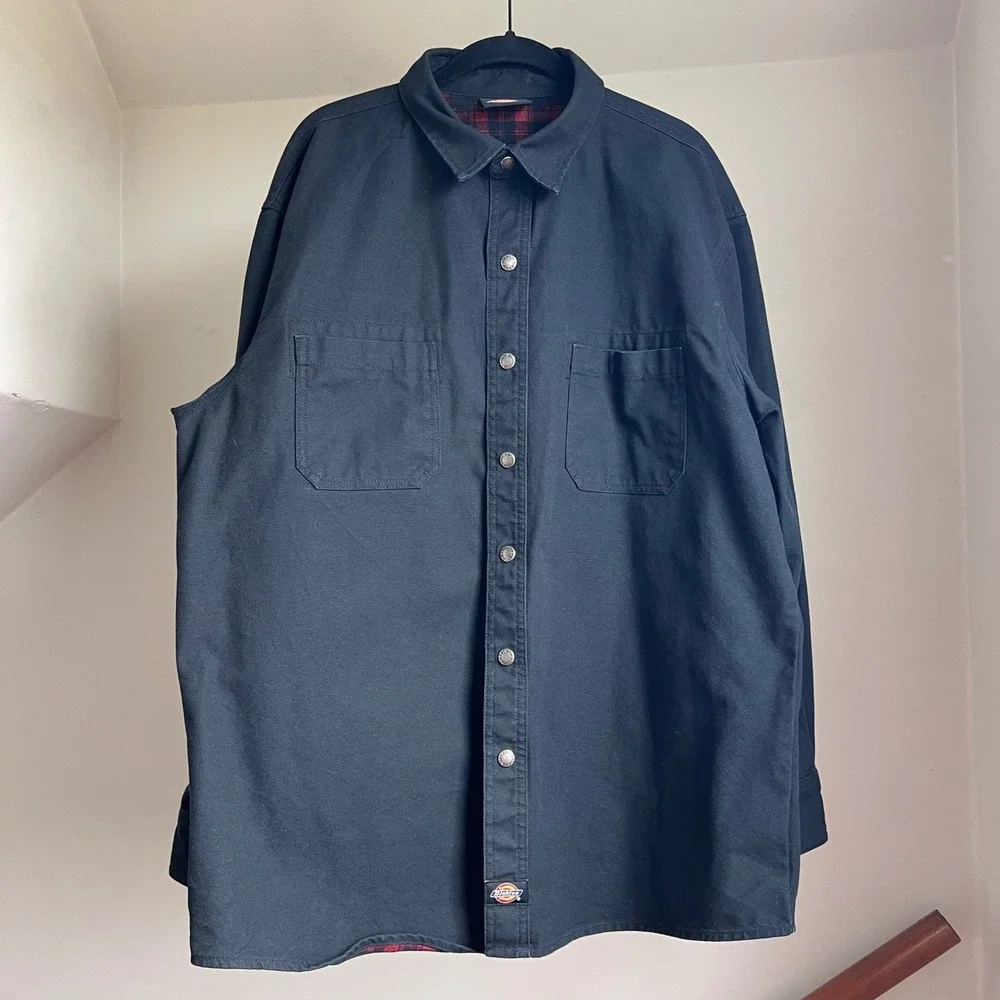 Dickies Flannel Lined Work Shirt XL Black Canvas Snap‎ Front Plaid Lined Jacket